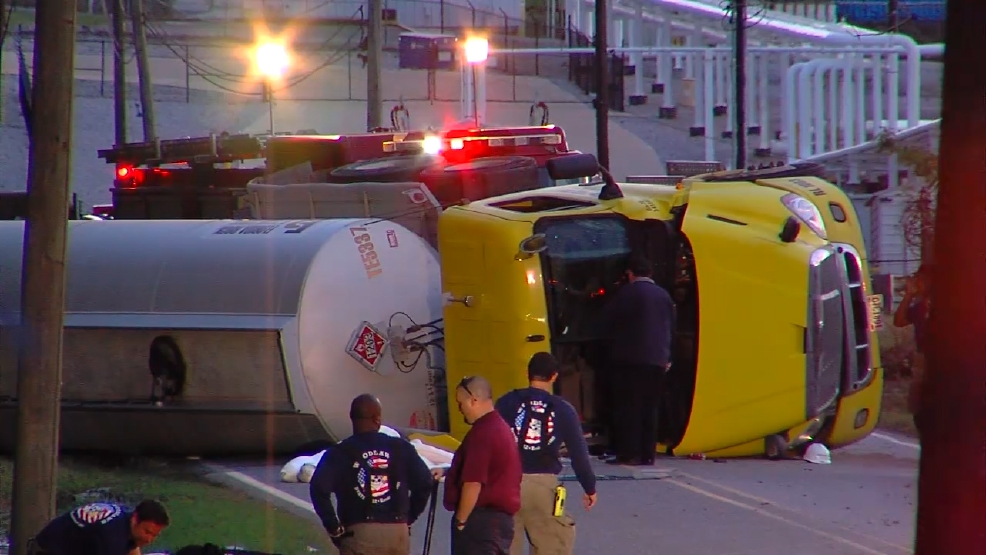 Overturned tanker truck leaking fuel in southwest Birmingham